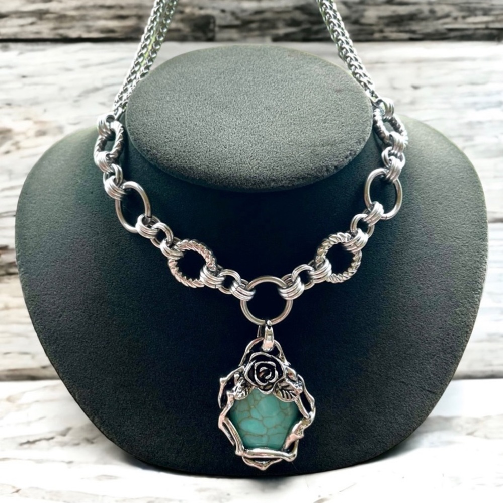 Stainless steel necklace double chain blue green turquoise stone rose charm boho